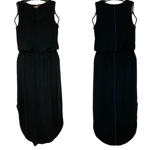 Lilla P sleeveless midi jersey dress black w/ blue stripe defined waist scoop - Picture 1 of 16